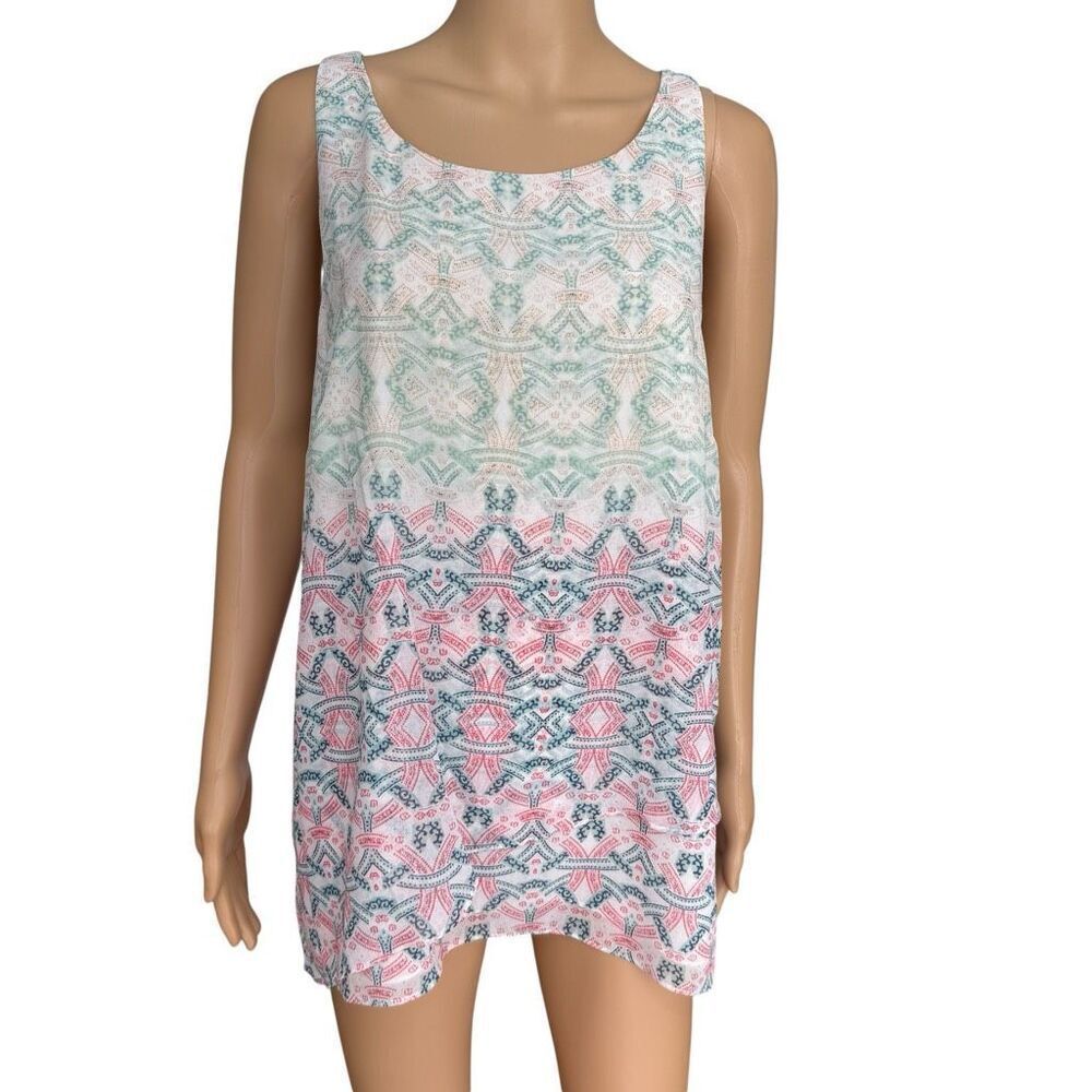 Cabi Tank Top Blouse Mosaic Print Heart Style Size L Green Pink Blue